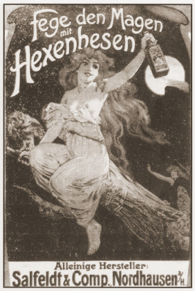 Auch in den goldenen Zwanzigern posierte die Reklame-Hexe topless | hist. Zeitungsannonce Harzer Hexenbesen | Brennerei Salfeldt & Comp. | 1927